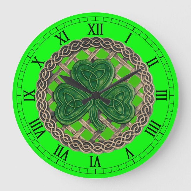 Grünes Kleeblatt und keltische Knochen römische Uh Große Wanduhr (Vorderseite)