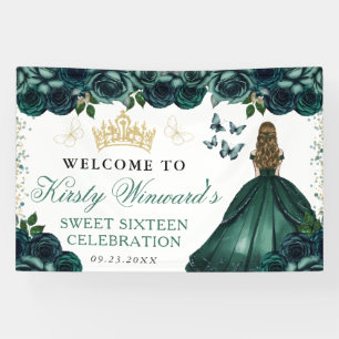 Grünes Kleid Blonde Prinzessin Floral Sweet 16 Banner