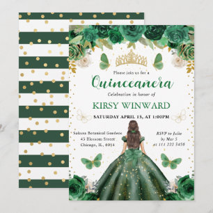 Grünes Kleid Brünette Prinzessin Quinceanera Einladung