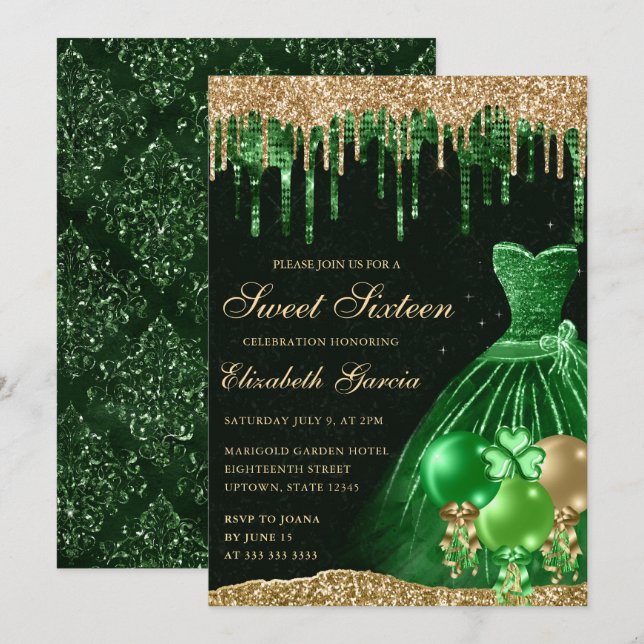Grünes Kleid und Gold-Dripping-Glitzer Sweet 16 Einladung (Vorne/Hinten)