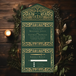 Grünes königliches mittelalterliches Schwert Hochz All In One Einladung