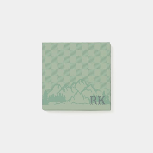 Grünes Kontrollmuster Rustikale Berge Monogramm Post-it Klebezettel (Vorderseite)