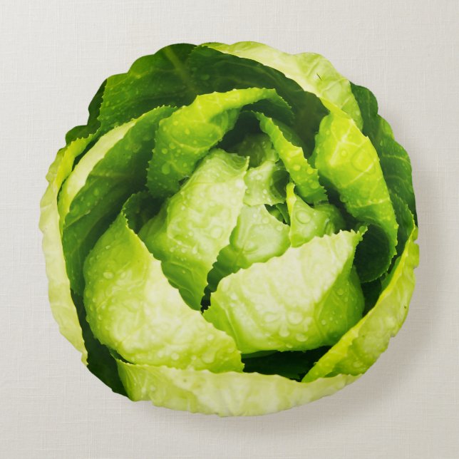 Grünes Kopfsalat-Blätter mit Regentropfen Rundes Kissen (Vorderseite)