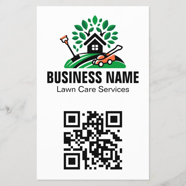 Grünes Landschaftslogo Haus Baum Rasenmäher QR-Cod Flyer (Vorne)