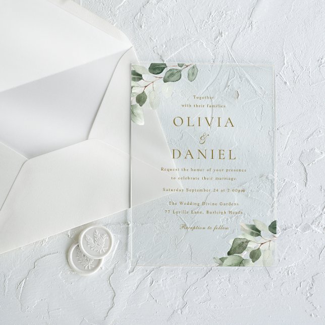 Grünes Leaf Elegance Moderne Hochzeit Acryleinladungen (Von Creator hochgeladen)
