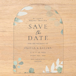 Grünes Leaf Floral Wedding Acrylic Save the Date Acryleinladungen