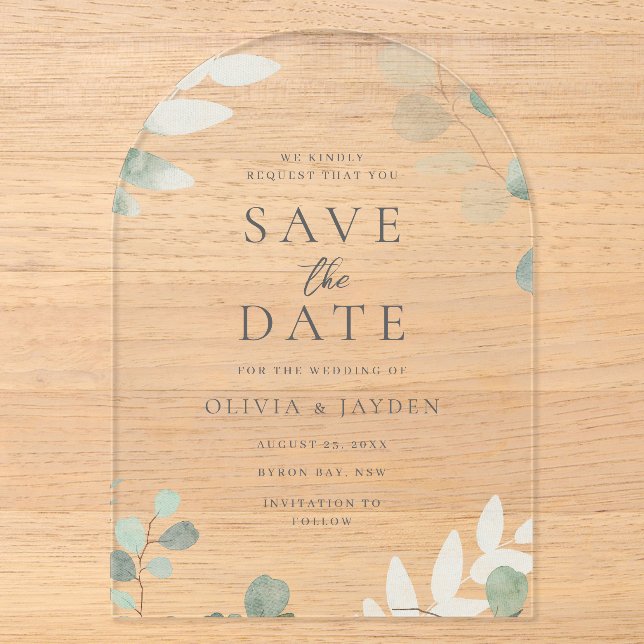 Grünes Leaf Floral Wedding Acrylic Save the Date Acryleinladungen (Vorderseite)