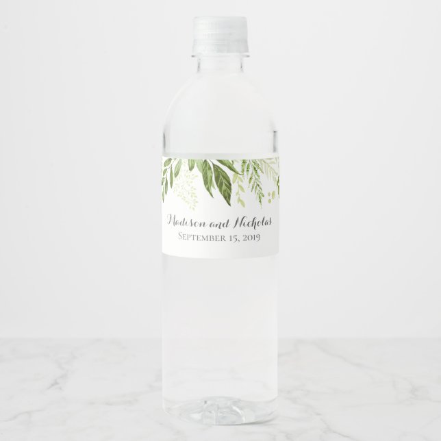 Grünes Leaf Hochzeitswasserflaschen Labels, Grünfl (Vorderseite)
