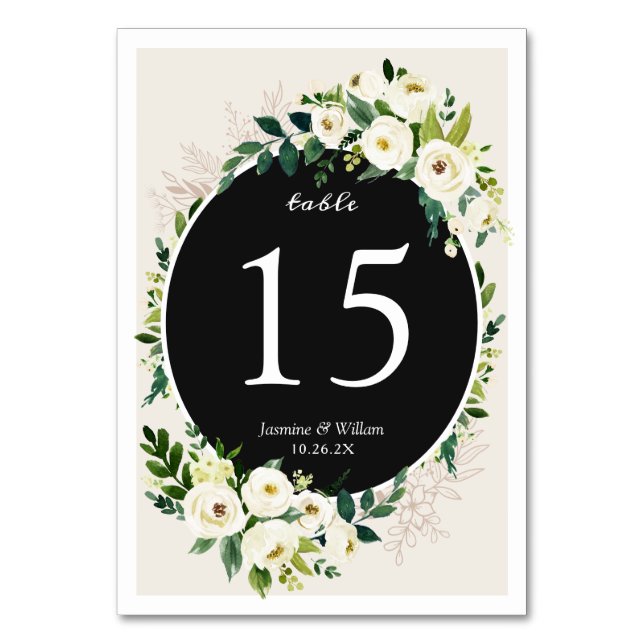 Grünes Leaf Ivory White Rose Blume Hochzeit Tischnummer (Vorderseite)