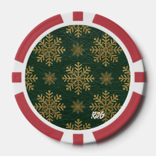 Grünes Leder mit goldenen Schneeflocken und Initia Pokerchips