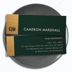 Grünes Leder-Monogramm mit metallischer Gold-Panee Mini Visitenkarte