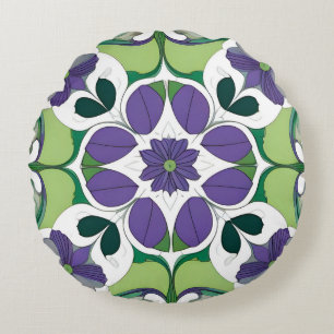 Grünes lila Blumenmedaillon Botanisch Geometrisch Rundes Kissen