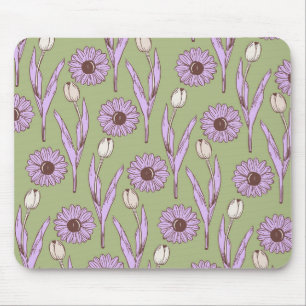 Grünes Lila Retro Y2K Funky Hippie Blumenmuster Mousepad