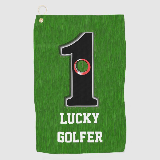 Grünes Loch in einem glücklichen Golfer mit Text Golfhandtuch (Vorderseite)