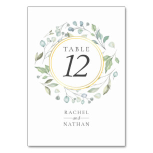 Grünes Lorbeer-Girlande Faux Goldfolie Hochzeit Tischnummer