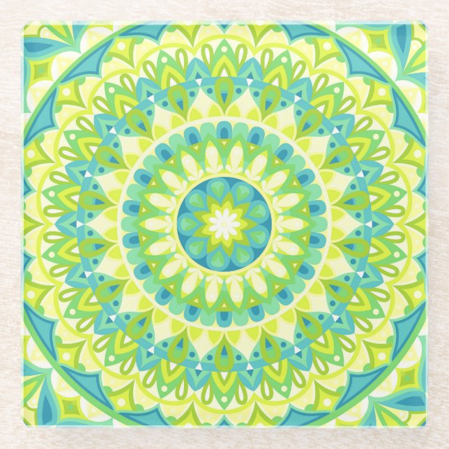 Grünes Mandala Naturinspiriertes Boho Lebendiges M Glasuntersetzer (Vorderseite)