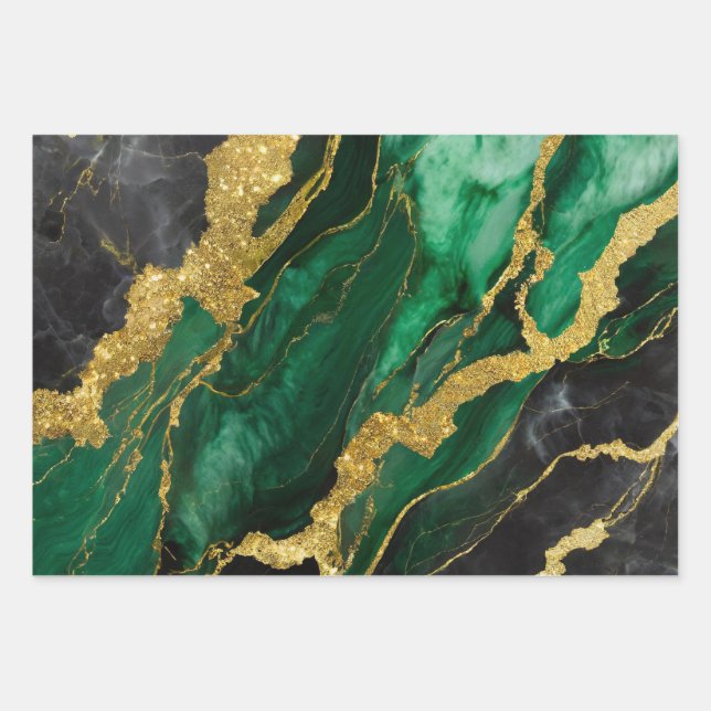 Grünes Marmormuster mit Gold Geschenkpapier Set (Vorderseite)