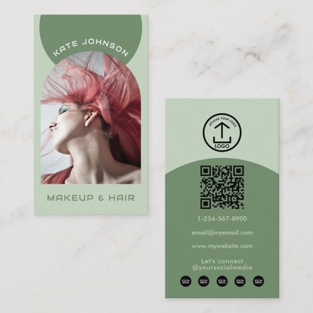 Grünes modernes Make-up-Haar-Bogen-Foto-QR-Code-Lo Visitenkarte (Vorne/Hinten)