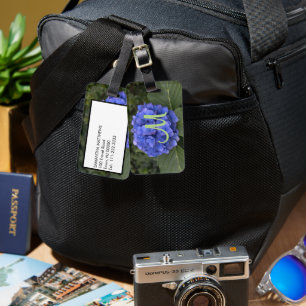 Grünes Monogramm Blaue Hortensien-Blumen Gepäckanhänger
