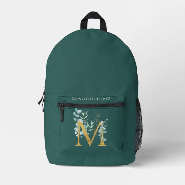Grünes Monogramm M Name  Bedruckter Rucksack (Vorderseite)