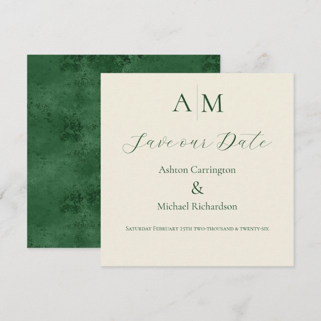 Grünes Monogramm Moderne Hochzeit  Save The Date (Vorne/Hinten)