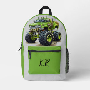 Grünes Monster Truck Orange Flammen Initialen für Bedruckter Rucksack