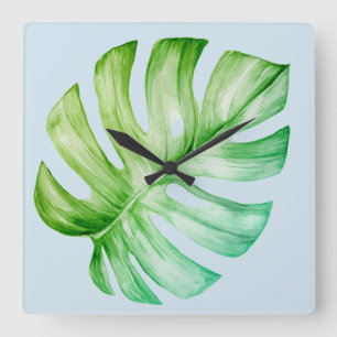 Grünes Monstera Blatt-botanisches tropisches Blau Quadratische Wanduhr