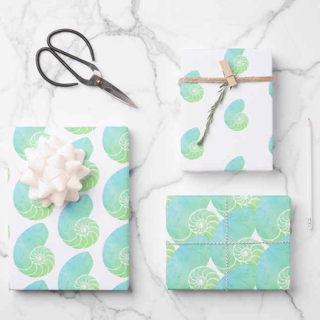 Grünes Nautilus Wrapping-Papier Geschenkpapier Set (Vorderseite)