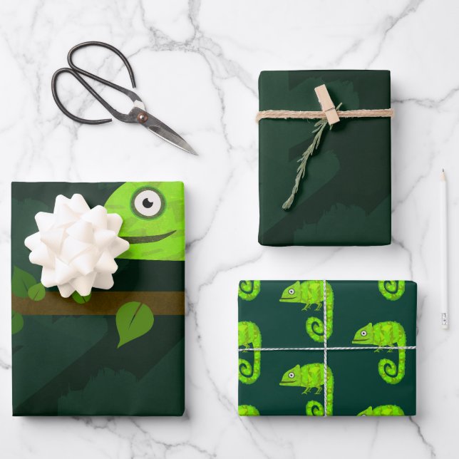 Grünes niedliches Chamäleon Geschenkpapier Set (Vorderseite)