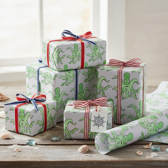 Grünes Oktopus-Zeichen Quirky-Seemonster Geschenkpapier (Von Creator hochgeladen)