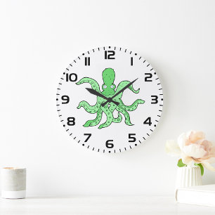 Grünes Oktopus-Zeichen Quirky-Seemonster Große Wanduhr