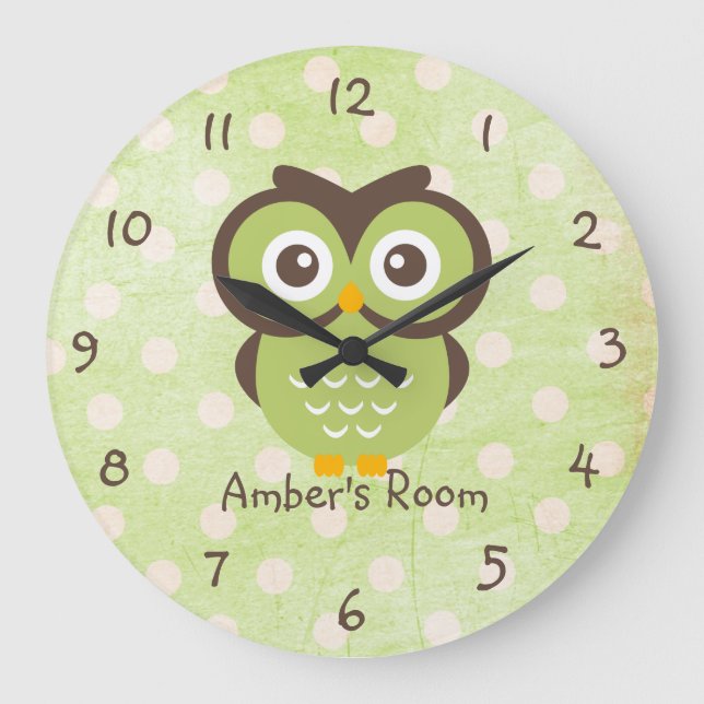 Grünes Owl Personalisiertes Schlafzimmer Große Wanduhr (Vorderseite)