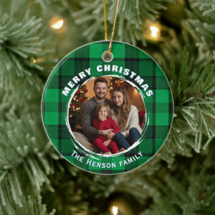 Grünes personalisiertes Familienfoto Karomuster Keramik Ornament