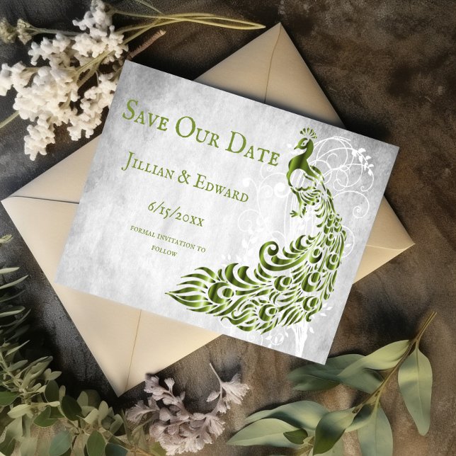 Grünes Pfauenleaf Ankündigung Datum freihalten (Green Peacock Leaf Vine Save the Date)