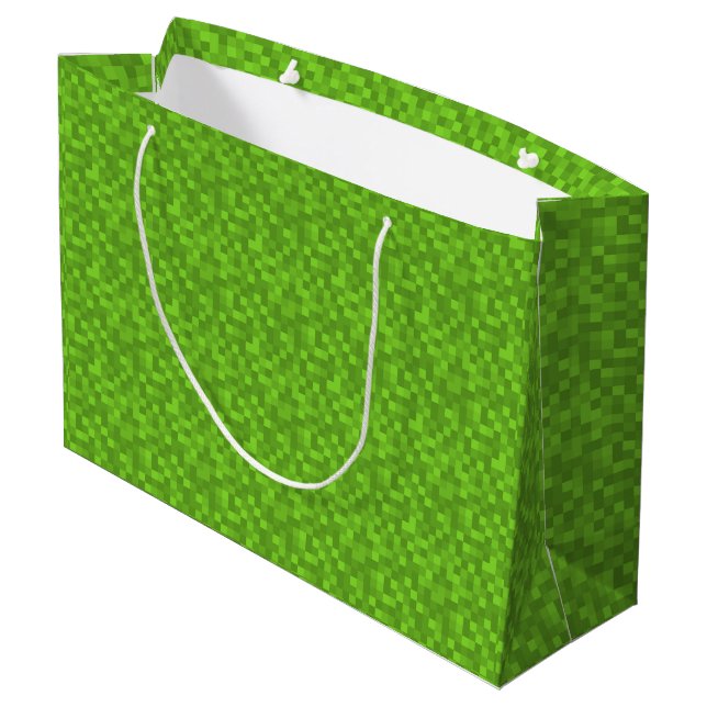 Grünes Pixelmuster Retro-8-Bit-Gaming Große Geschenktüte (Rückseite Schrägansicht)