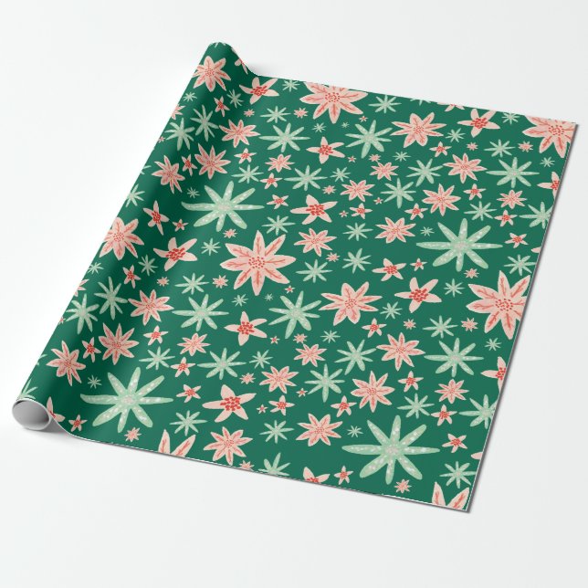 Grünes Poinsettia-Muster-Weihnachten Geschenkpapier (Ungerollt)