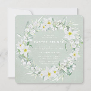 Grünes Quadrat + Weißer Blumenkranz Osterbrunch Einladung