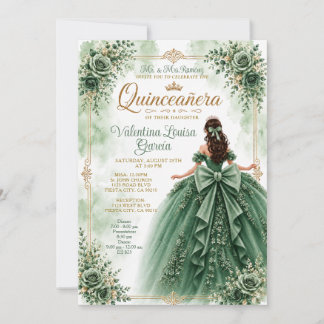Grünes Quinceañera Prinzessinnen-Bogen-Kleid Blume Einladung