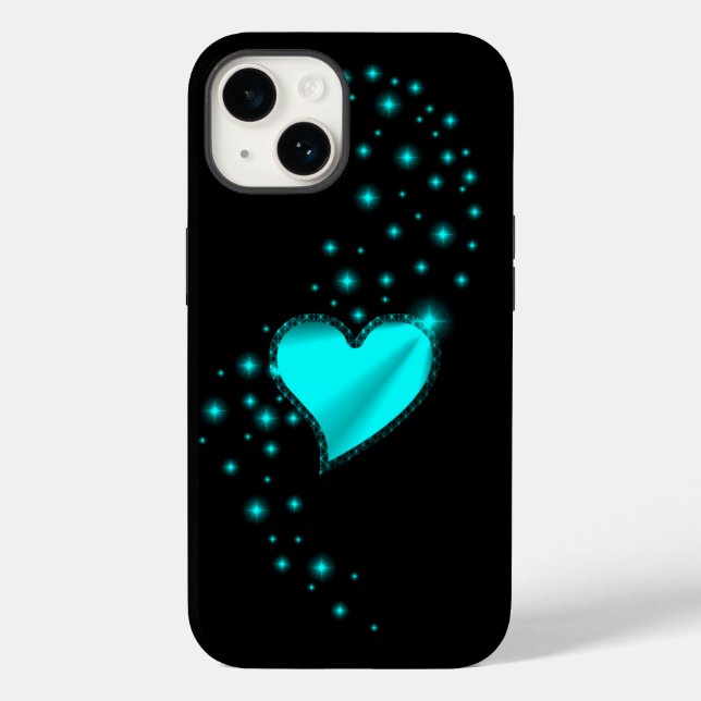 Grünes Regenbogenherz mit Sternen auf schwarz Case-Mate iPhone 14 Hülle (Rückseite)