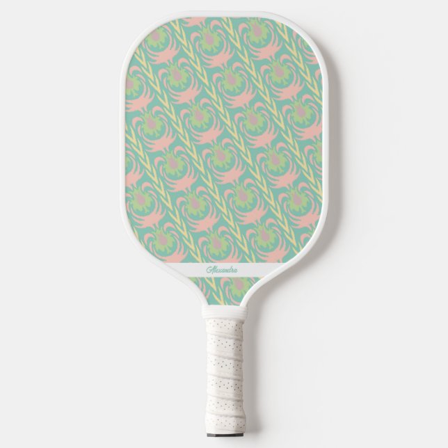 Grünes rosa Boho Blumenmuster Personalisiert Pickleball Schläger (Vorderseite)