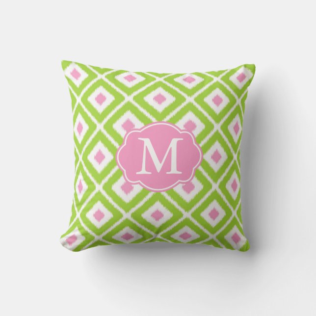 Grünes, rosa weißes Ikat-Diamantmuster Kissen (Vorderseite)
