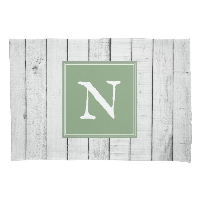 Grünes Rustikales Monogramm-Pillowcase Kissenbezug (Vorderseite)