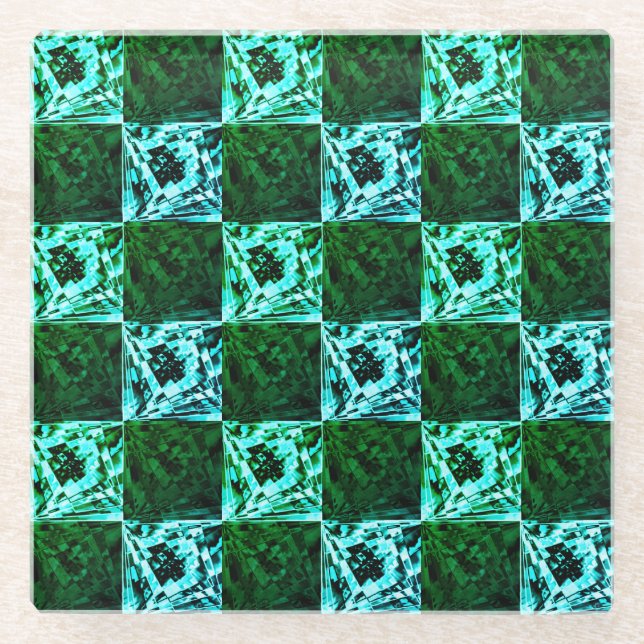 Grünes Schach und blauer Himmel oder Cyan, mit Rec Glasuntersetzer (Vorderseite)