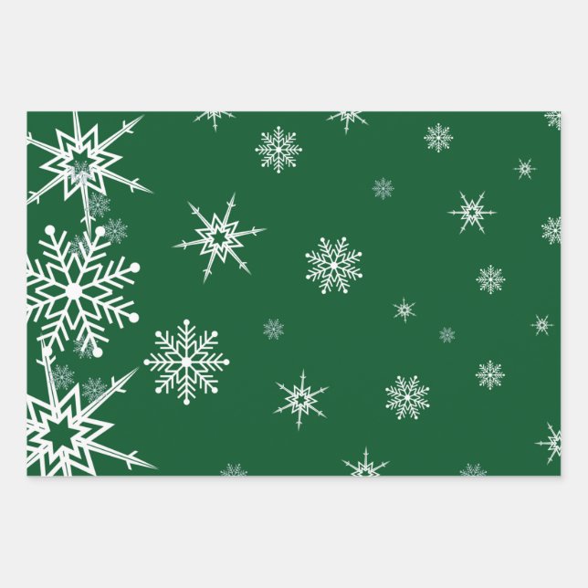 Grünes Schneeflocken Weihnachtswrapper Geschenkpapier Set (Vorderseite)