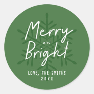 Grünes Schriftzug Merry & Bright Schneeflocken Wei Runder Aufkleber