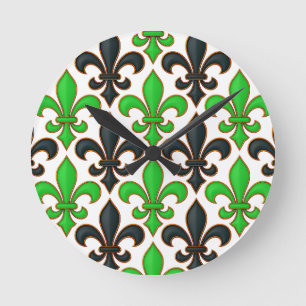 Grünes schwarzes Barock-Fleur-de-lis-Musterdesign  Runde Wanduhr