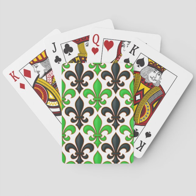 Grünes schwarzes Barock-Fleur-de-lis-Musterdesign  Spielkarten (Rückseite)