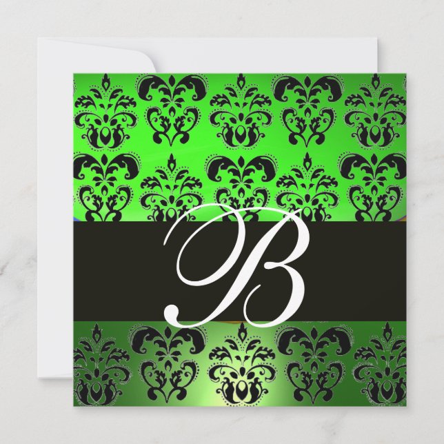 GRÜNES SCHWARZES DAMASK-MONOGRAMM, weiß Einladung (Vorderseite)