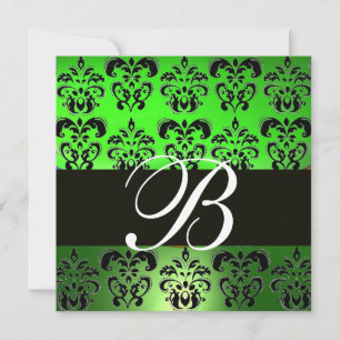 GRÜNES SCHWARZES DAMASK-MONOGRAMM, weiß Einladung