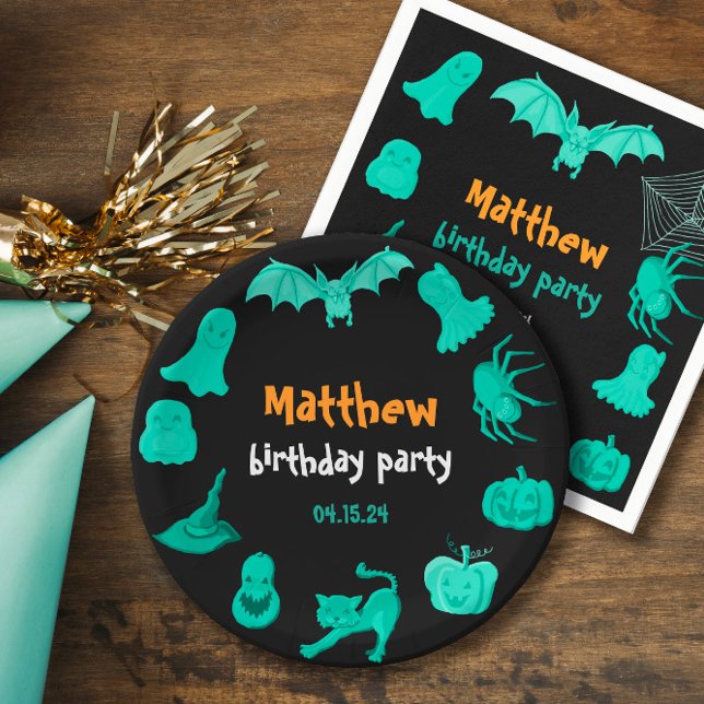 Grünes schwarzes Halloween Geburtstagsparty Paper  Pappteller (Green black Halloween birthday party Paper Plate
)